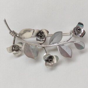 Vintage Mid Century Sterling Silver Floral Rose Flower Leaf Art Deco Brooch Pin